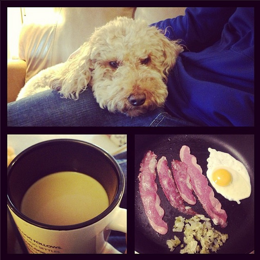 doodle + coffee + bacon and eggs = happy girl