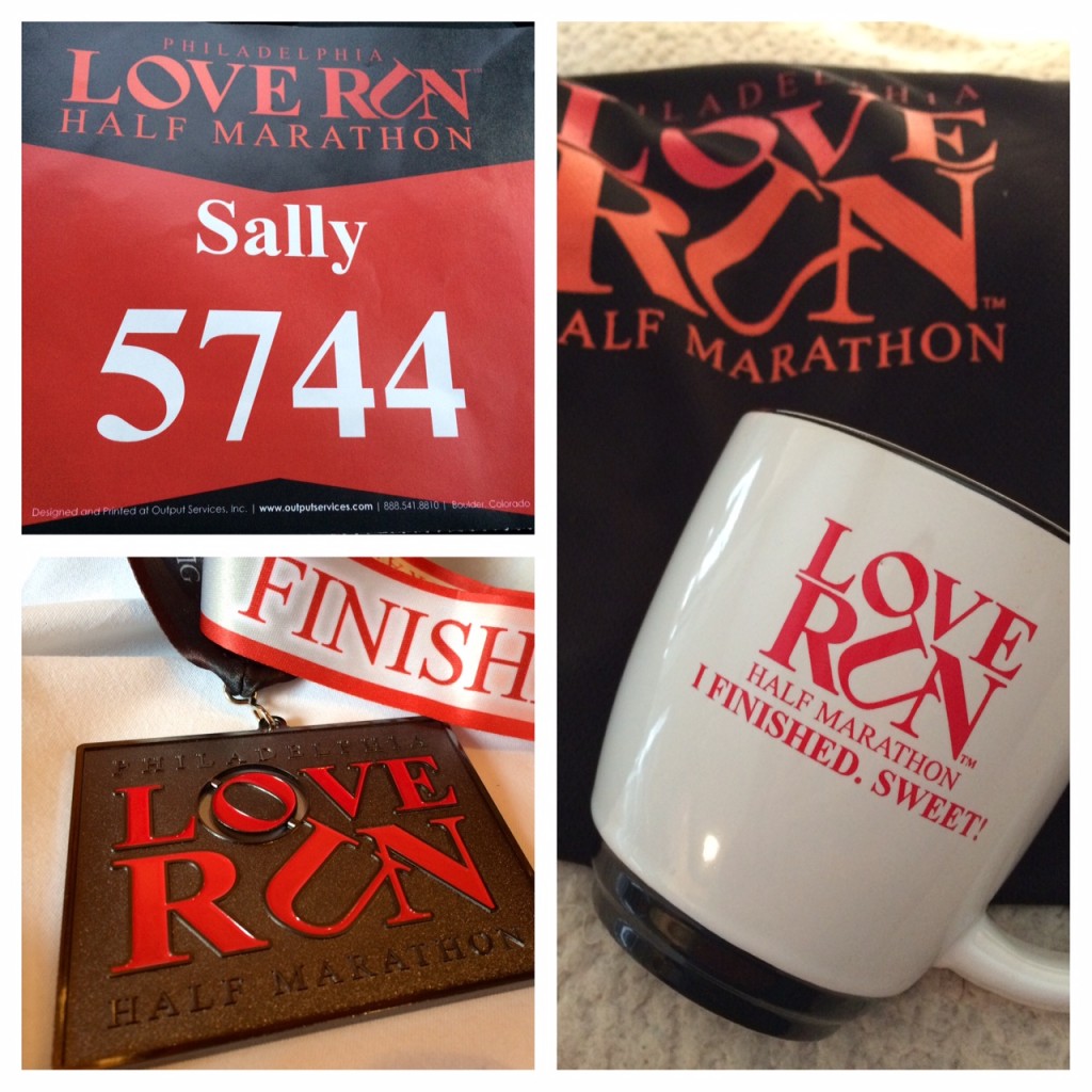 This race gave a lot of nice perks including a personalized bib, a tech shirt and a nice size coffee mug. And the finisher's medal had a little spinning part that I loved (the O of the word Love)