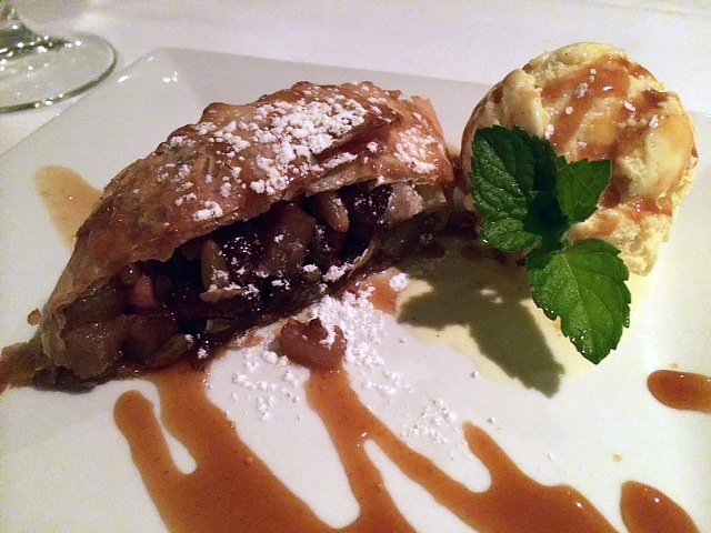Pear Strudel with fig, cranberries, pine nuts and caramel sauce and vanilla bean ice cream