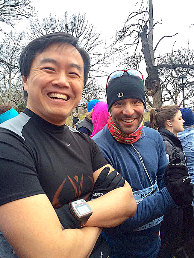 Jorge and JD. I love how runners are very individual with how to dress for the weather. Jorge felt a tshirt and shorts was plenty for a 40 degree day and JD wanted a little more coverage. =)