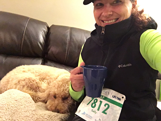 Our pre-race ritual...he curls up next to me in denial and i sip coffee