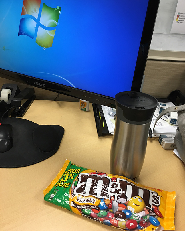 My new morning ritual. Turn on computer, sip coffee and have a few handfuls of Peanut M&Ms. Clearly not the healthiest choice