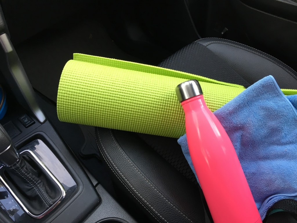 My colorful trio: water bottle, towel and mat.