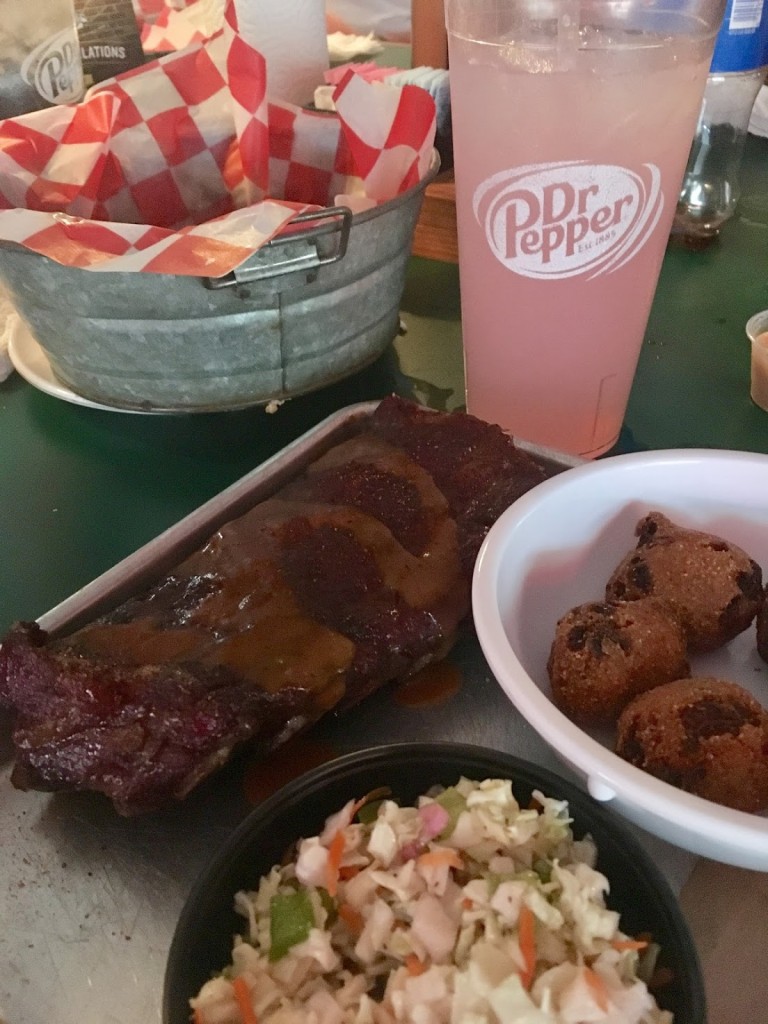 Ribs, hush puppies, cole slaw, fried pickles and a lemonade.